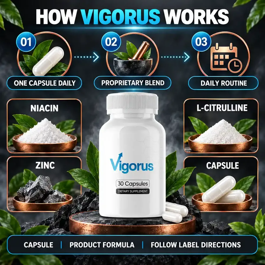How Vigorus works panel: one capsule daily, proprietary blend, daily routine