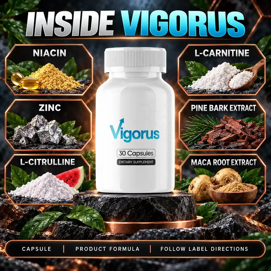 Inside Vigorus panel: niacin, zinc, L-citrulline, L-carnitine, pine bark extract and maca root extract