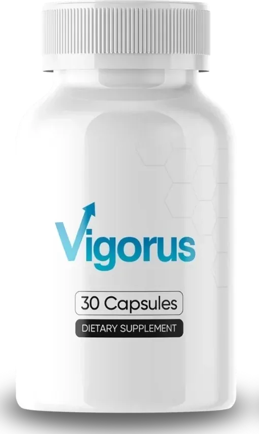 Vigorus bottle: white bottle and cap, teal Vigorus logo with an upward arrow, 30 Capsules, Dietary Supplement