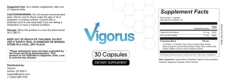 Vigorus full label wrap: suggested use, caution, storage, distributor, logo and Supplement Facts panel